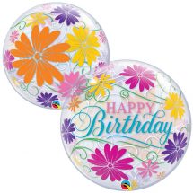 Sachet d'un ballon Bubble 56 cm happy birthday fleur