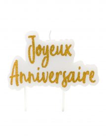 Bougie sur pique joyeux anniversaire or pailletée 8 x 5 cm