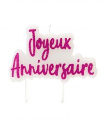 Bougie sur pique joyeux anniversaire fuschia pailletée 8 x 5 cm