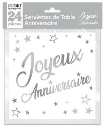 Serviettes joyeux anniversaire argent