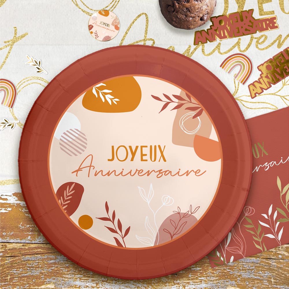 Assiettes joyeux anniversaire terracotta