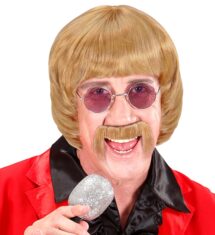 Perruque blonde année 60 avec moustache et lunette